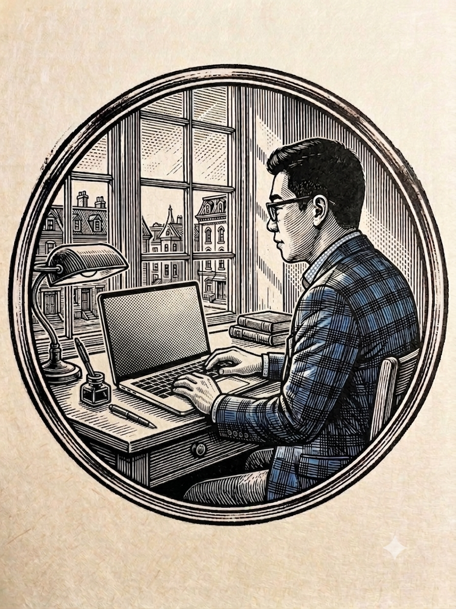 Engraved illustration of a consultant working at a laptop
